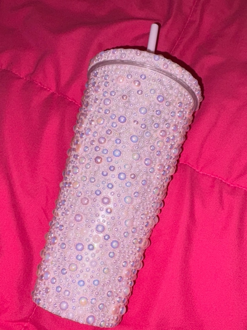 Pearlescent Pink Beaded Travel Tumbler with Straw